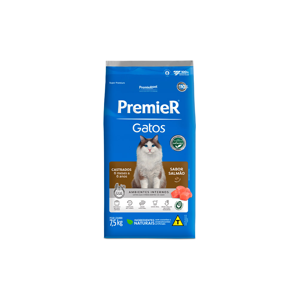 Ração Premier para Gatos Castrados de 6 meses a 6 anos Sabor Salmão
