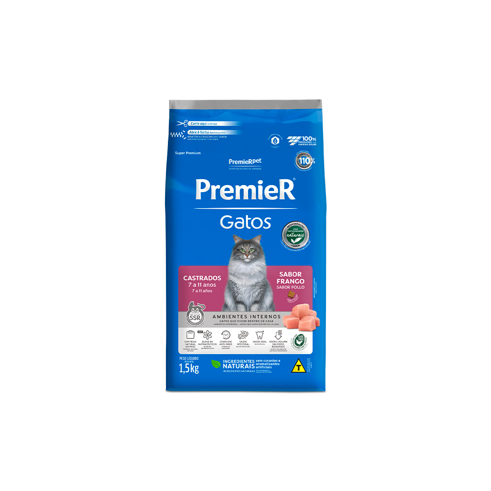 Ração Premier para Gatos Castrados de 7 a 11 anos Sabor Frango
