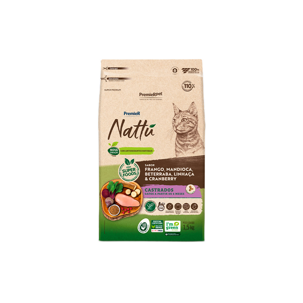 Ração Premier Nattu para Gatos Adultos Castrados Sabor Mandioca