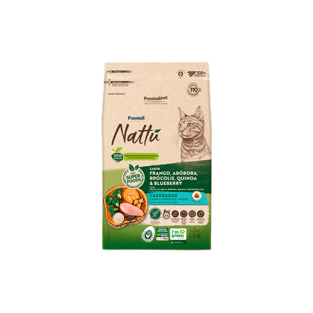 Ração Premier Nattu para Gatos Adultos Castrados Sabor Abóbora