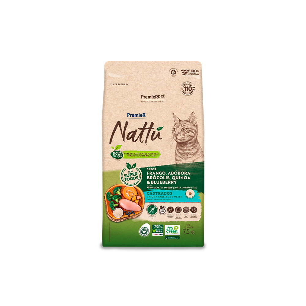 Ração Premier Nattu para Gatos Adultos Castrados Sabor Abóbora