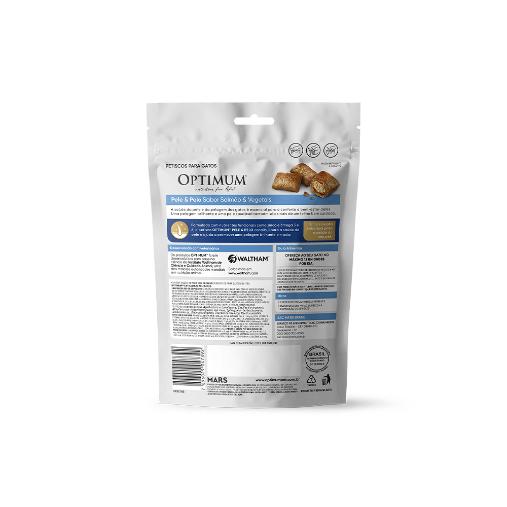 Petisco Optimum Pele e Pelo Sabor Salmão e Vegetais para Gatos Adultos 80g
