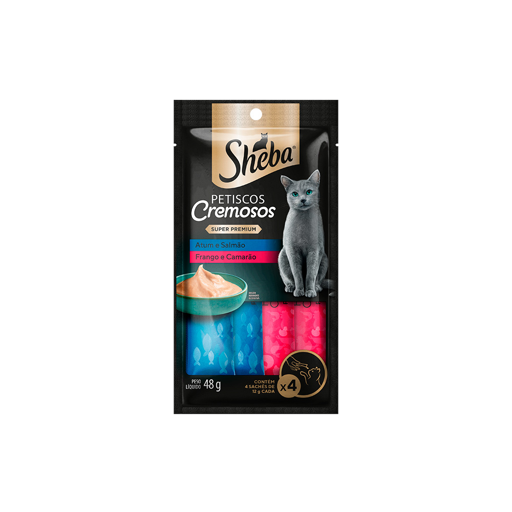 Petisco Sheba Cremoso Atum e Salmão & Frango e Camarão para Gatos Adultos com 4 Unidades