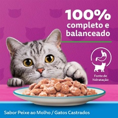 Ração Úmida Whiskas Sachê Peixe ao Molho para Gatos Adultos Castrados 85 g