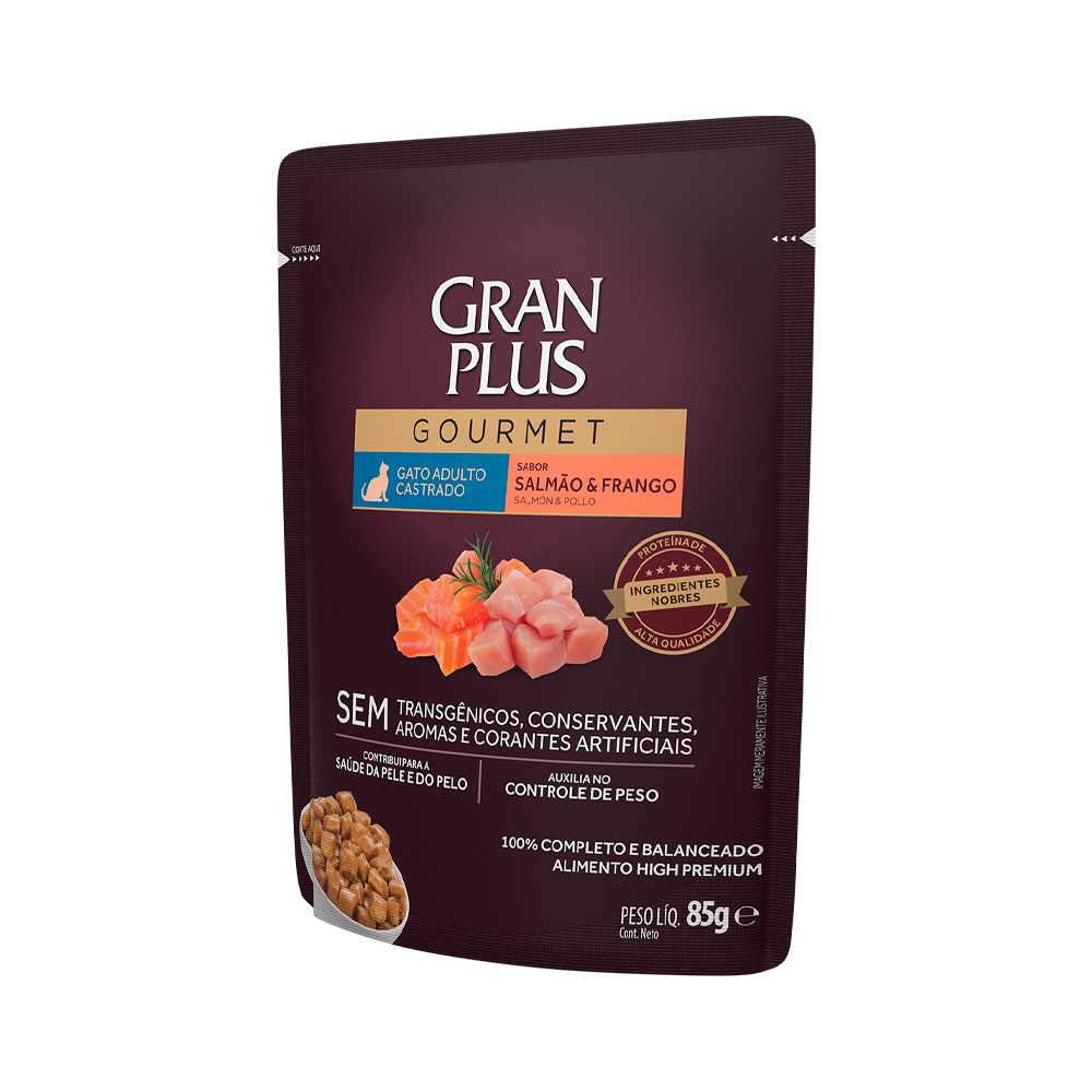 Ração Úmida GranPlus Gourmet Sachê para Gatos Castrados Sabor Salmão e Frango - 85g