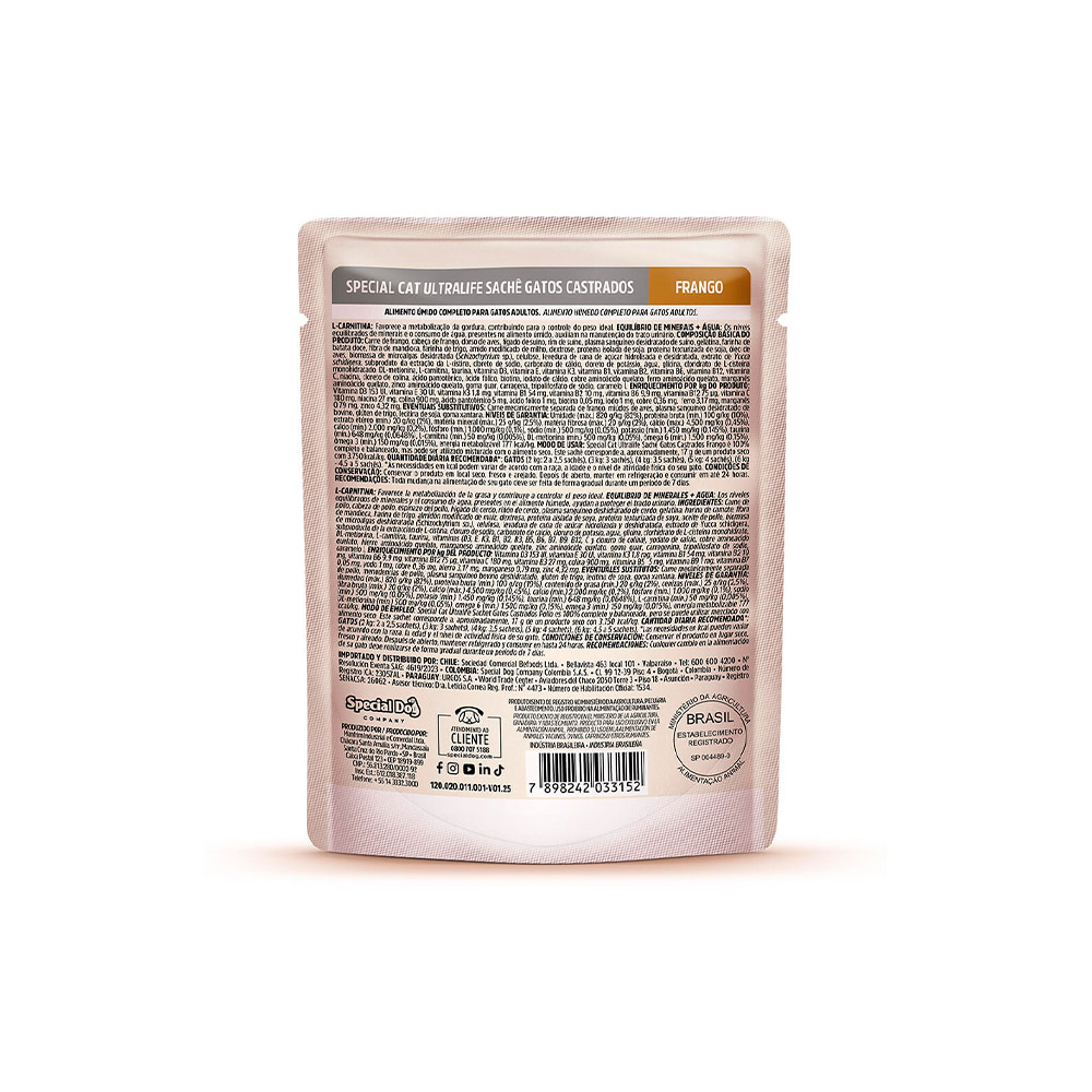Ração Úmida Special Cat Ultralife para Gatos Castrados Sabor Frango ao Molho 85g