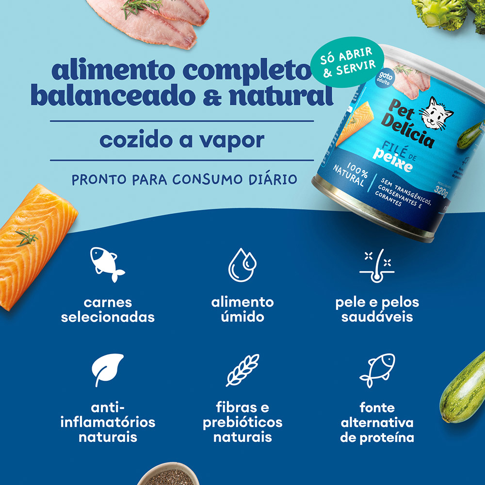 Ração Úmida Natural Pet Delícia Filé de Peixe Proteína Alternativa para Gatos Adultos 320 g