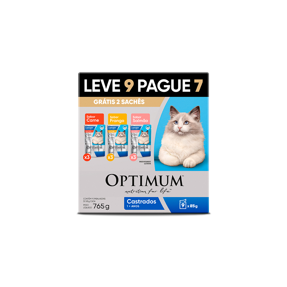 Ração Úmida Optimum para Gatos Adultos Castrados Sabor Carne, Frango e Salmão Pack Leve 9 Pague 7