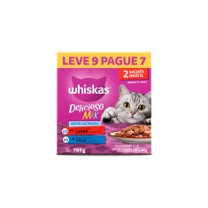 Ração Úmida Whiskas Sabor Carne e Peixe para Gatos Adultos Castrados Pack Leve 9 Pague 7