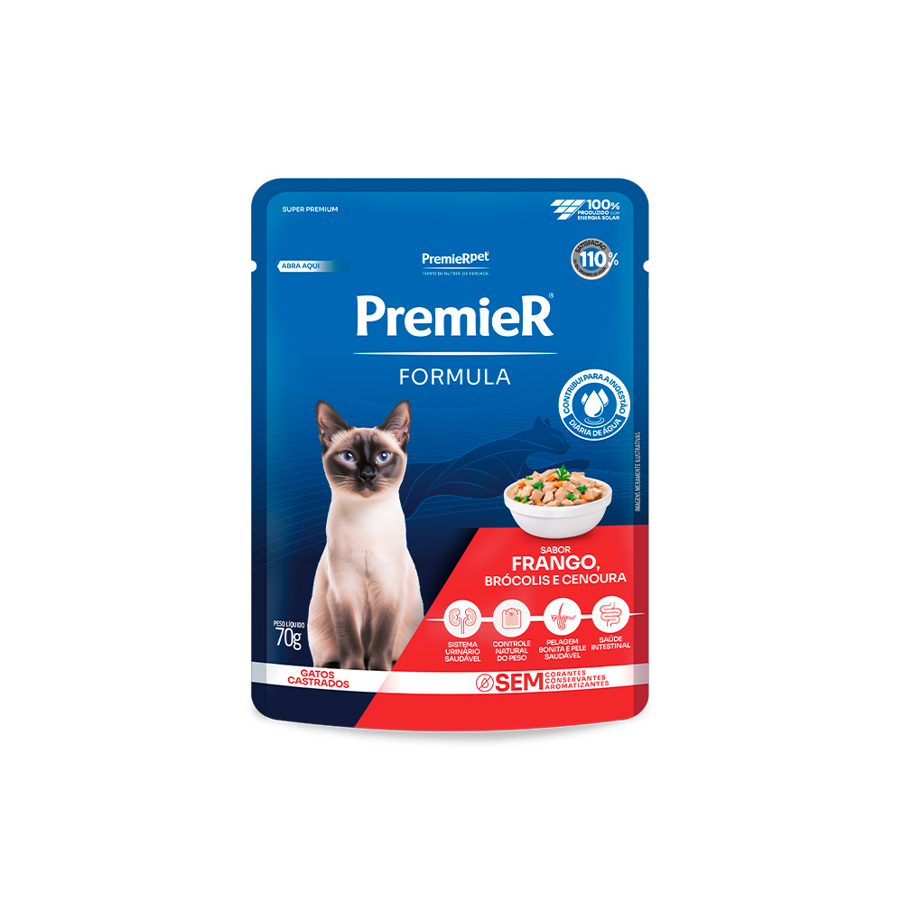 Ração Úmida Premier Formula para Gatos Adultos Castrados Sabor Frango, Brócolis e Cenoura 70 g