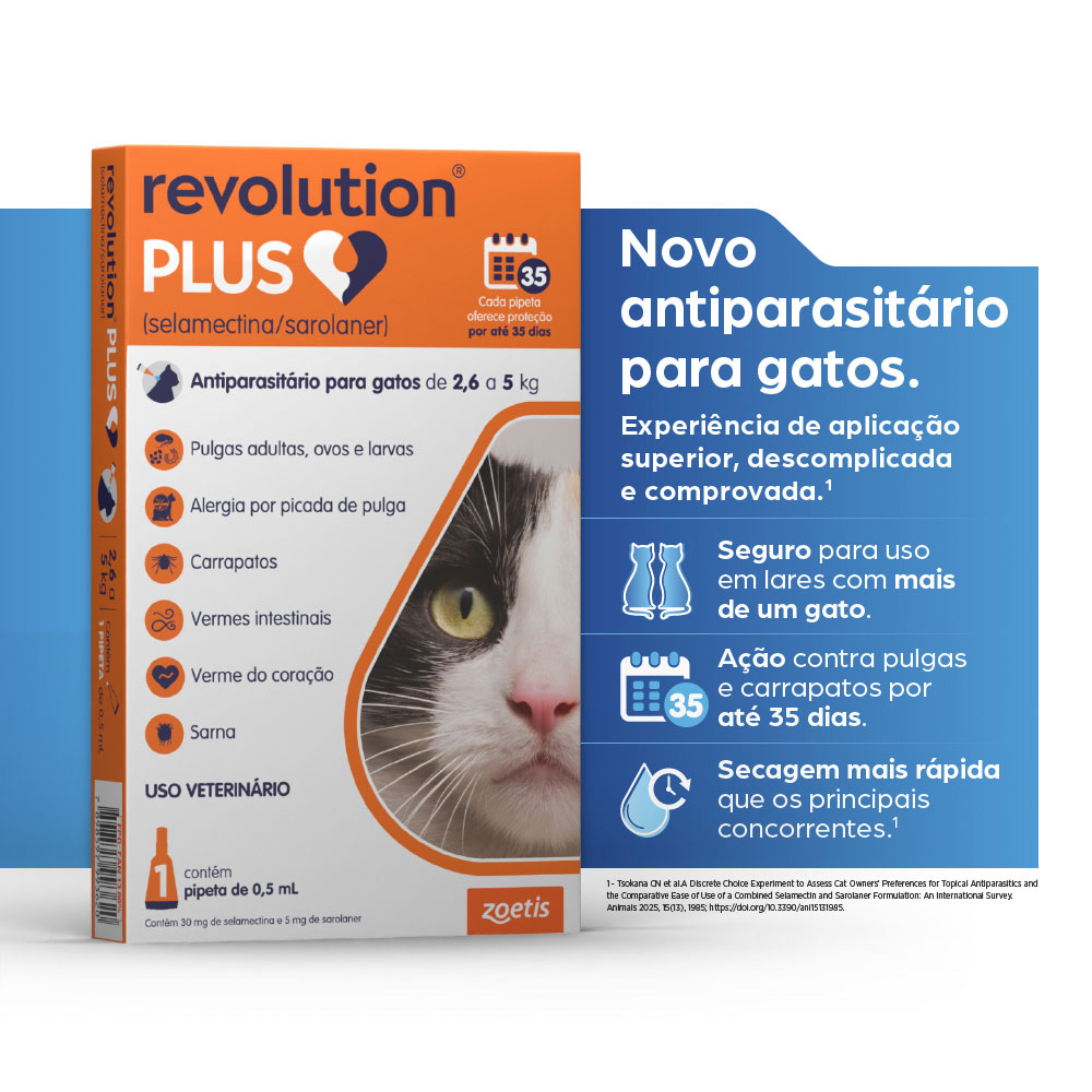 Antiparasitário Revolution Plus Zoetis para Gatos de 2,6 kg a 5 kg - 0,5 ml