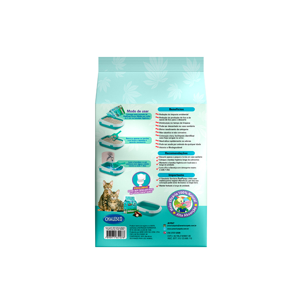 Areia Higiênica PeePoop Biodegradável Mandioca Grãos Médios para Gatos 4 kg