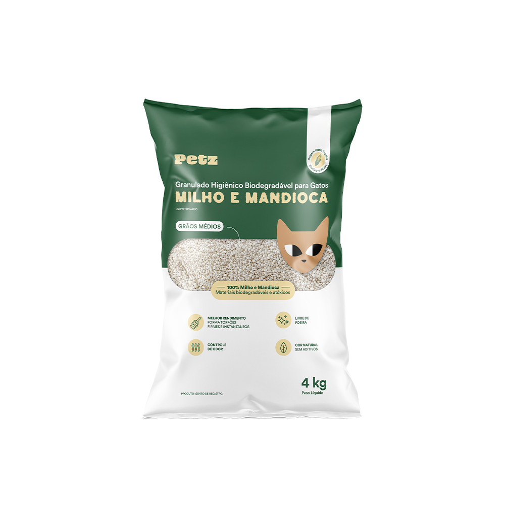 Granulado Higiênico Petz Biodegradável Milho e Mandioca Grãos Médios para Gatos