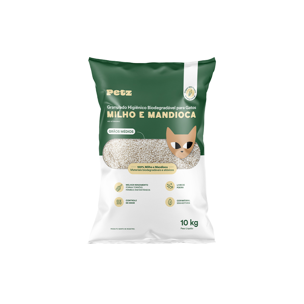 Granulado Higiênico Petz Biodegradável Milho e Mandioca Grãos Médios para Gatos