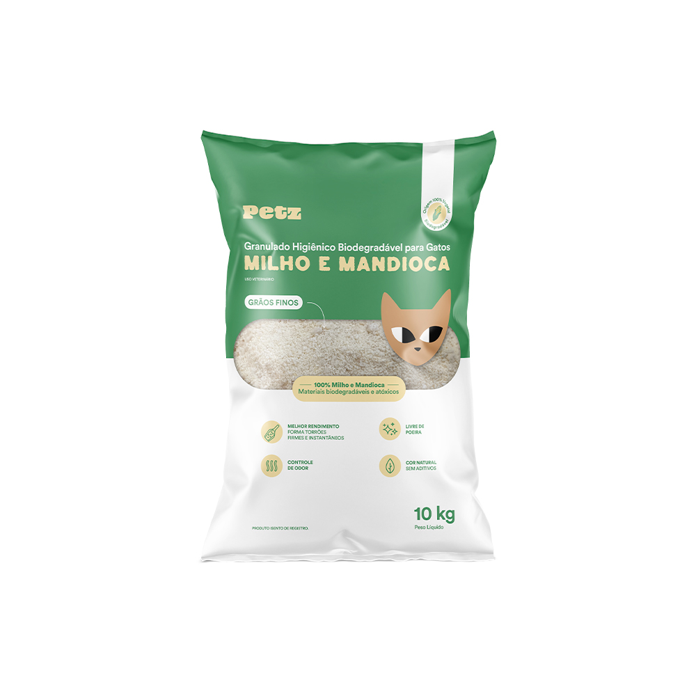 Granulado Higiênico Petz Biodegradável Milho e Mandioca Grãos Finos para Gatos
